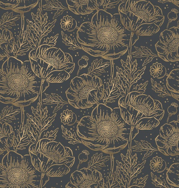 Rebel Walls R18721 Cottage Core Golden Poppy Midnight - mural z motywem maków