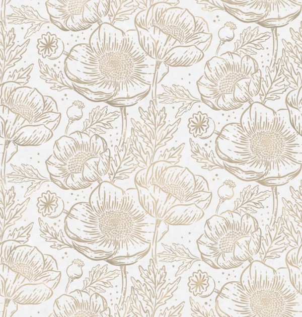Rebel Walls R18723 Cottage Core Golden Poppy White - mural z motywem maków