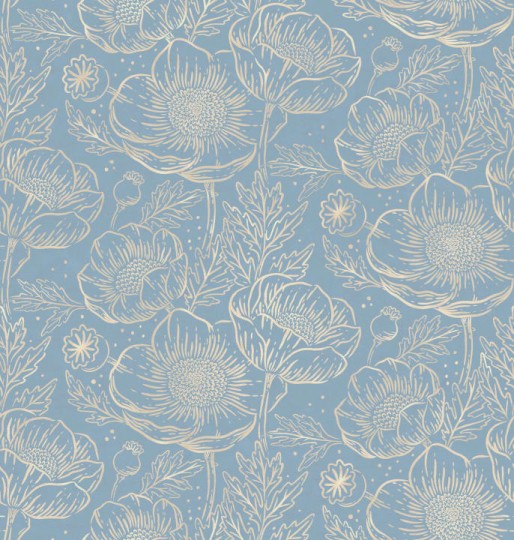 Rebel Walls R18724 Cottage Core Golden Poppy Baby Blue - mural z motywem maków