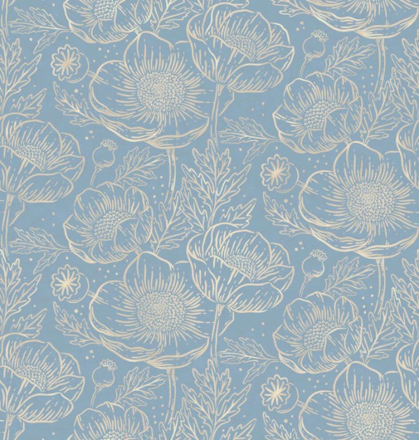 Rebel Walls R18724 Cottage Core Golden Poppy Baby Blue - mural z motywem maków