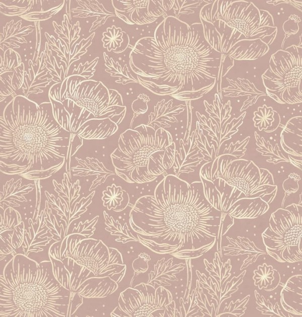 Rebel Walls R18725 Cottage Core Golden Poppy Dusty Pink - mural z motywem maków