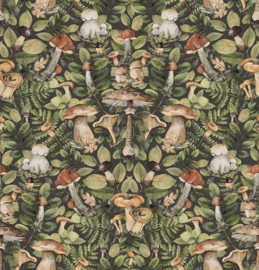 Rebel Walls R18726 Cottage Core Mushroom Forest Midnight - mural z motywem grzybów
