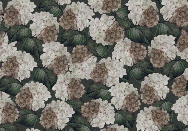 Rebel Walls R18677 Cottage Core Hydrangea Midnight - mural w kwiaty hortensji