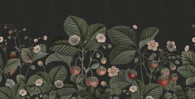 Rebel Walls R18696 Cottage Core Wild Strawberries Midnight - mural o wzorze truskawek i poziomek