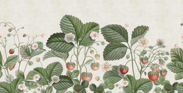 Rebel Walls R18697 Cottage Core Wild Strawberries Green - mural o wzorze truskawek i poziomek