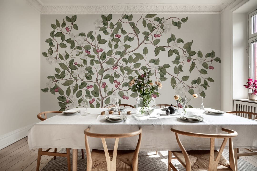 Rebel Walls R18668 Cottage Core Cherries White - mural drzewo wiśni