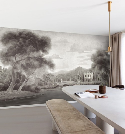 Khroma DG4PAR1015 Wall Designs IV Park Grafit 260 cm - mural z motywem drzew, rzeki i zamku