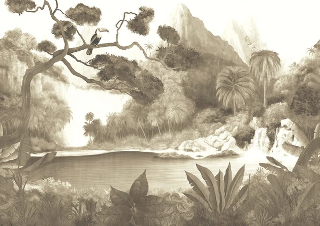 Khroma DG4TOU1012 Wall Designs IV Toucan Sepia 300 cm - mural z motywem dżungli, skał i ptaków