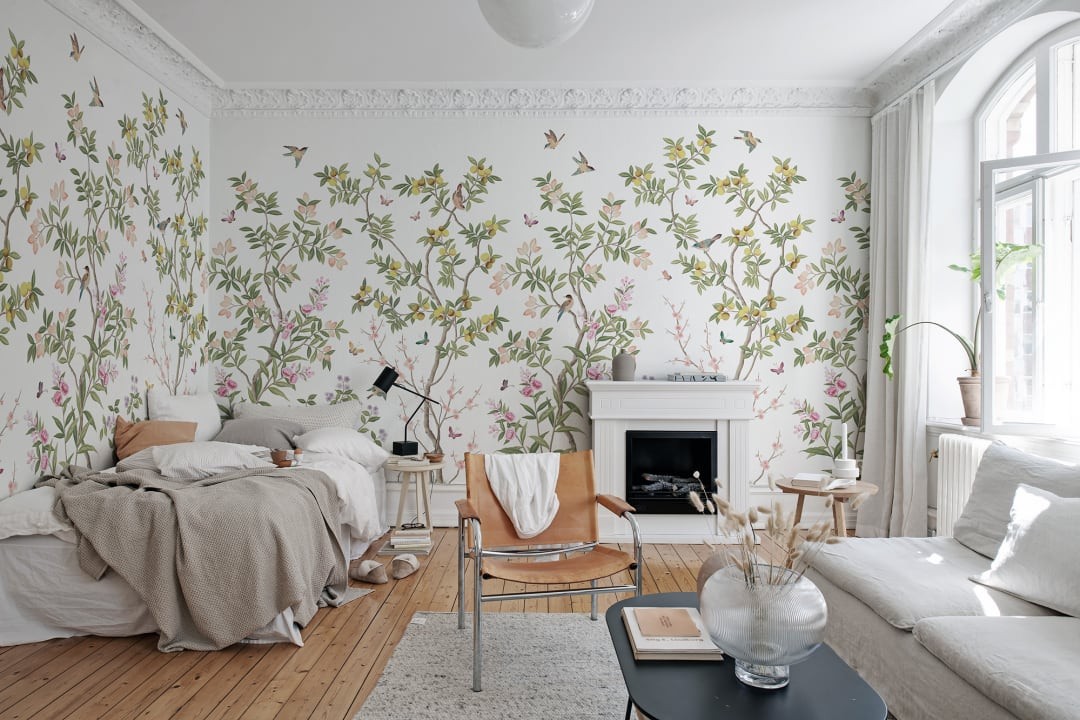 Rebel Walls R16744 Play Chinoiserie Chic - mural drzewo cytrusowe i ptaki