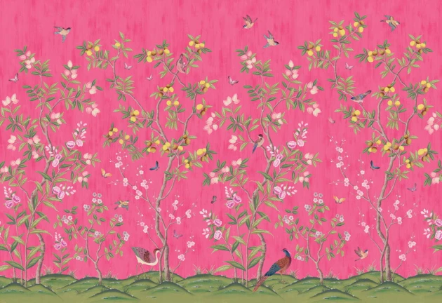 Rebel Walls R16746 Play Chinoiserie Chic Fuchsia - mural drzewo cytrusowe i ptaki