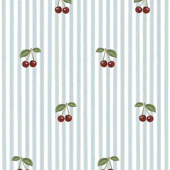 Dekornik DEKO.TAP.390 Little Cherries on Blue Stripes - tapeta w wisienki