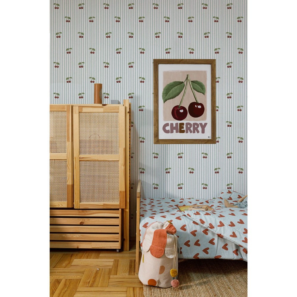 Dekornik DEKO.TAP.390 Little Cherries on Blue Stripes - tapeta w wisienki