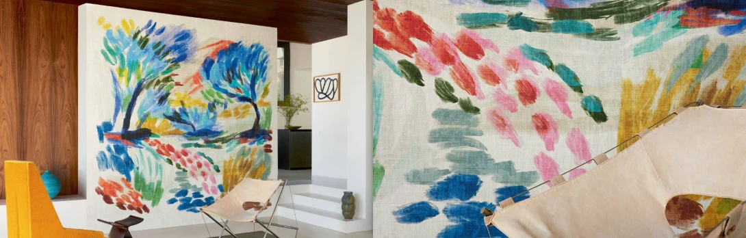 Elitis VP 945 01 La caravane Au pied du Ventoux - mural w śródziemnomorski pejzaż na tle imitującym splot rafii