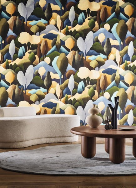 Casamance 71330214 Exploration Orée Kaki/ocre - welurowa tapeta w leśny krajobraz