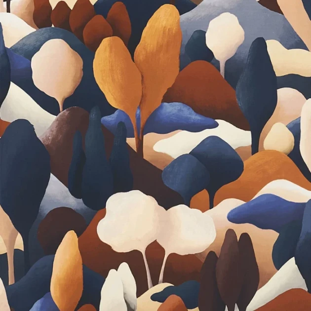 Casamance 71330315 Exploration Orée Bleu électrique/acajou - welurowa tapeta w leśny krajobraz