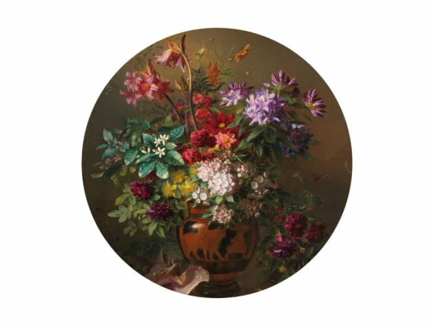 BN 300457 Circles Still Life with Flowers by G. J. J. van Os - okrągła tapeta z bukietem kwiatów w wazonie