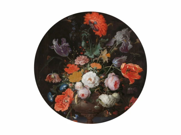 BN 300458 Circles Still Life with Flowers and Watch by Migon - okrągła tapeta z bukietem kwiatów w wazonie