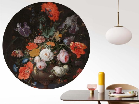 BN 300458 Circles Still Life with Flowers and Watch by Migon - okrągła tapeta z bukietem kwiatów w wazonie