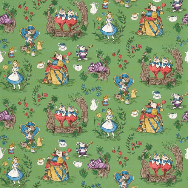 Sanderson 217285 Disney Home Alice in Wonderland Gumball Green - tapeta z królikami i Alicją w Krainie Czarów