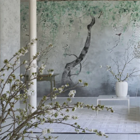 Designers Guild PDG1117/02 Scenes and Murals III Shinsha Scene 2 Celadon - tapeta z opadającymi gałęziami