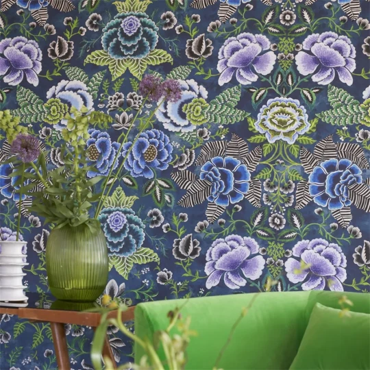 Designers Guild PDG1168/03 Scenes and Murals III Rose De Damas Indigo - tapeta w kwiaty