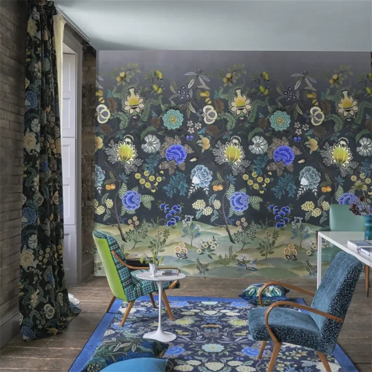 Designers Guild PDG1169/03 Scenes and Murals III Brocart Decoratif Indigo - tapeta w kwiaty