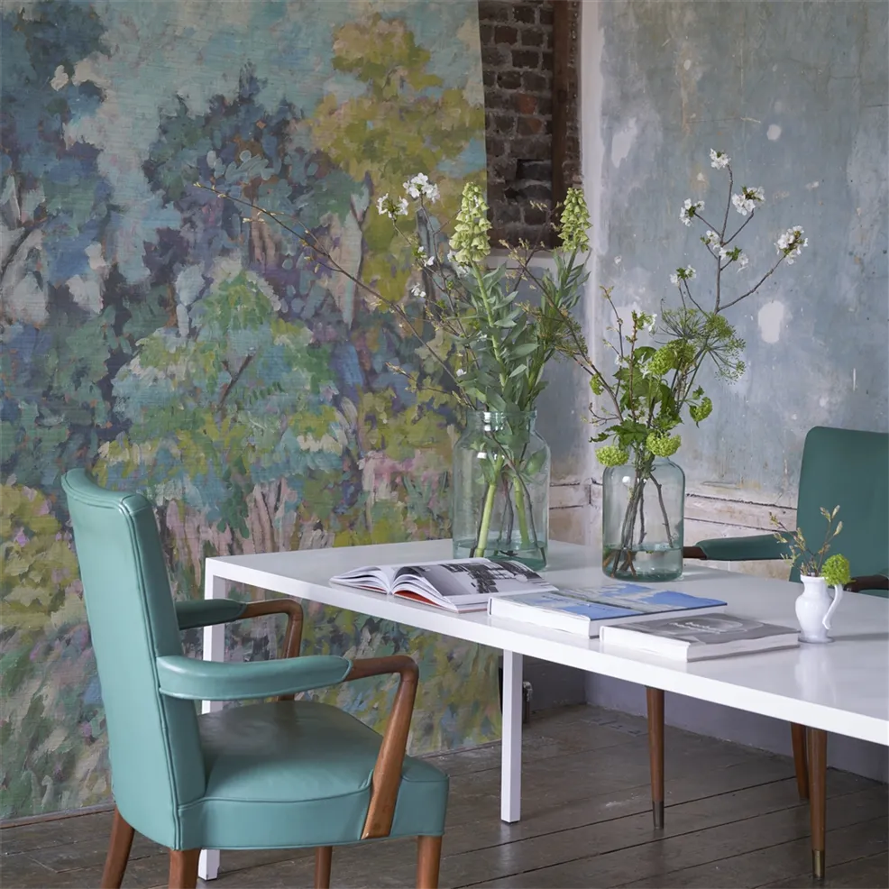 Designers Guild PDG1183/01 Scenes and Murals III Foret Impressionniste Grasscloth Celadon - tapeta z krajobrazem leśnym