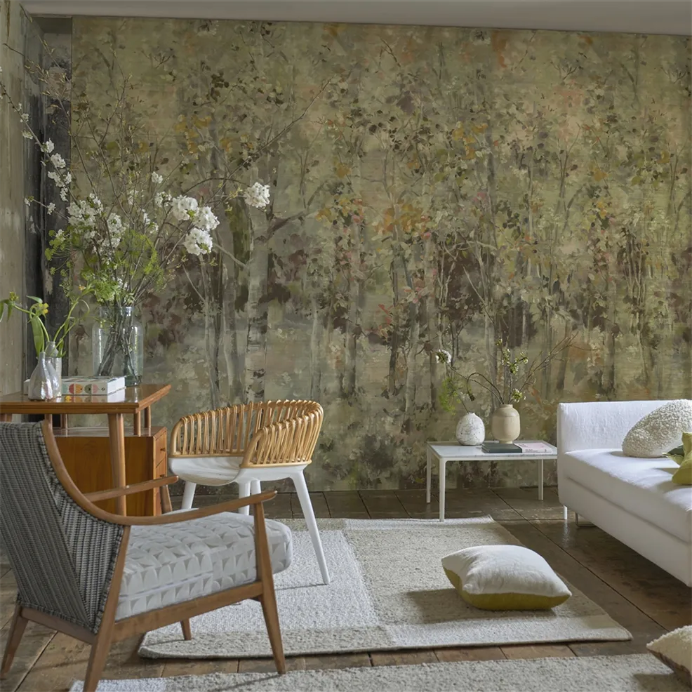 Designers Guild PDG1186/01 Scenes and Murals III Bois De Bouleau Grasscloth Scene 2 Sepia - tapeta leśna