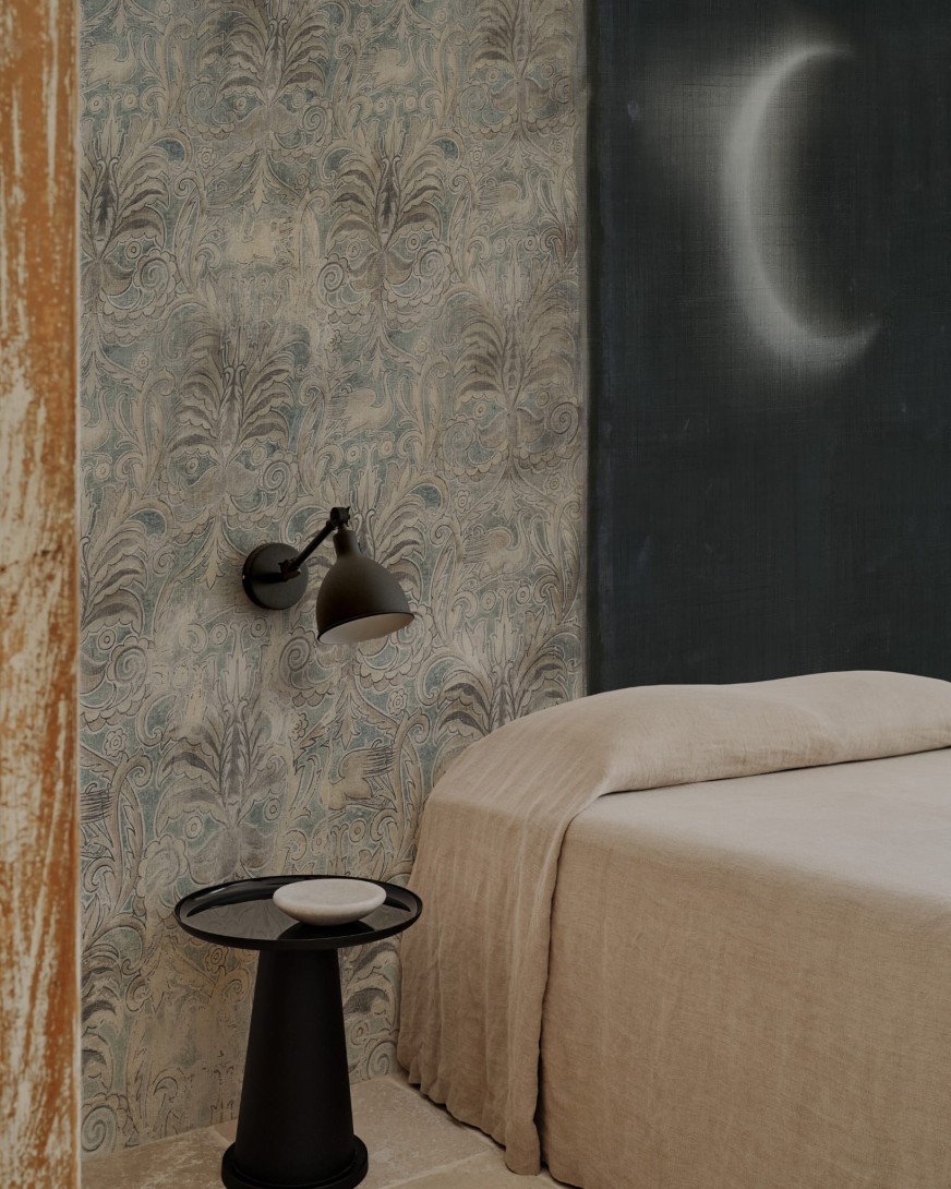 Wall & Deco Contemporary 2024 WDCN2401 Canto Novo - mural w ornamentalne kwiaty i księżyc na czarnym tle