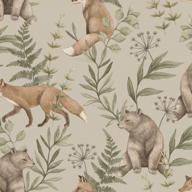 Boras Tapeter 6921 Newbie Wild Forest Beige - tapeta w liski i niedźwiadki pośród liści