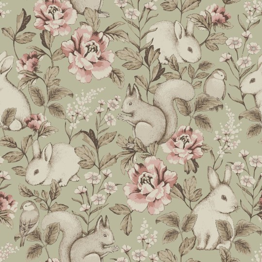 Boras Tapeter 6931 Newbie Magic Forest Green - tapeta magiczny las z zającami i roślinnością
