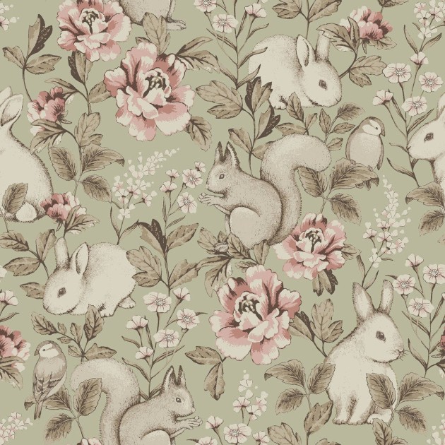 Boras Tapeter 6931 Newbie Magic Forest Green - tapeta magiczny las z zającami i roślinnością