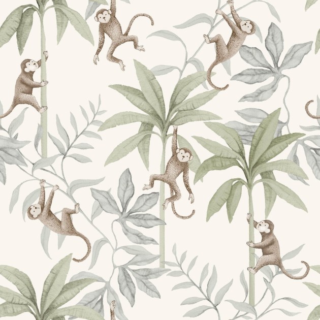 Boras Tapeter 6936 Newbie Jungle Friends White - tapeta dżungla z małpkami i palmami