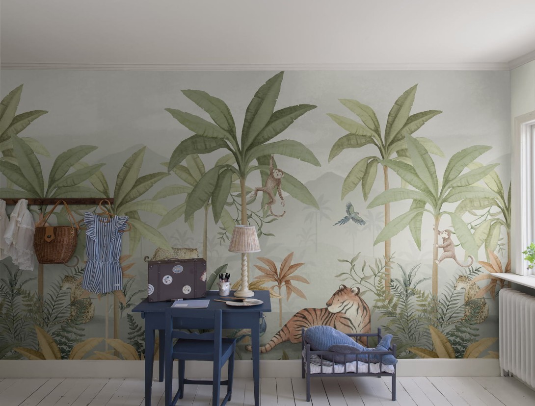 Boras Tapeter 6945 Newbie Wild Jungle Mural Gron - mural dżungla w palmy i zwierzęta