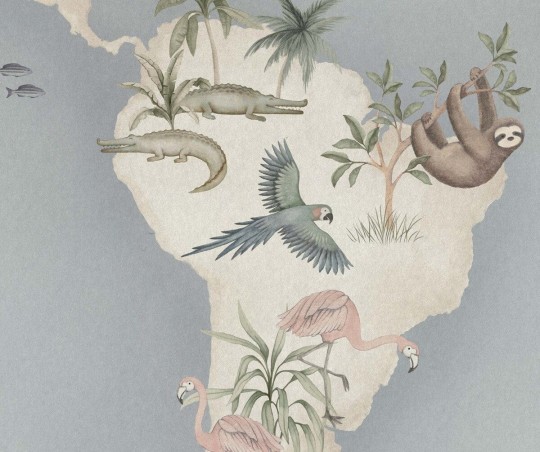 Boras Tapeter 6946 Newbie Little Explorer Mural Blue - mural mapa świata ze zwierzętami