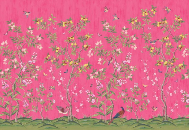 Rebel Walls R16746 Diane Hill Chinoiserie Chic Fuchsia - mural w drzewa cytrusowe