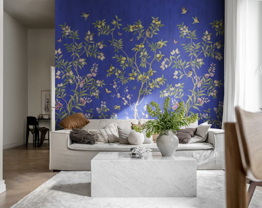 Rebel Walls R16747 Diane Hill Chinoiserie Chic Cobalt - mural w drzewa cytrusowe
