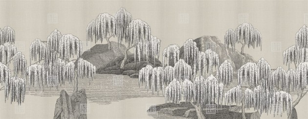 London Art MUN08 E Les Mille Et Une Nuits Saules Et Montagnes - mural japoński krajobraz z jeziorem