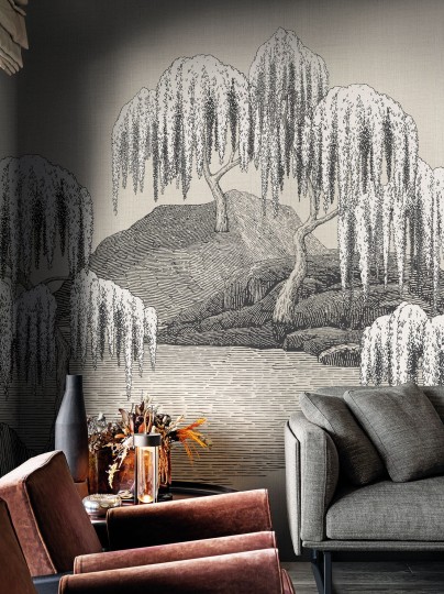 London Art MUN08 E Les Mille Et Une Nuits Saules Et Montagnes - mural japoński krajobraz z jeziorem