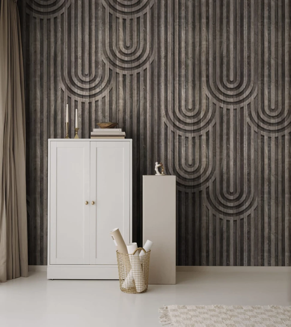 Rebel Walls R18781 Natural Aesthetic Happy Hills Walnut - mural w drewniane panele