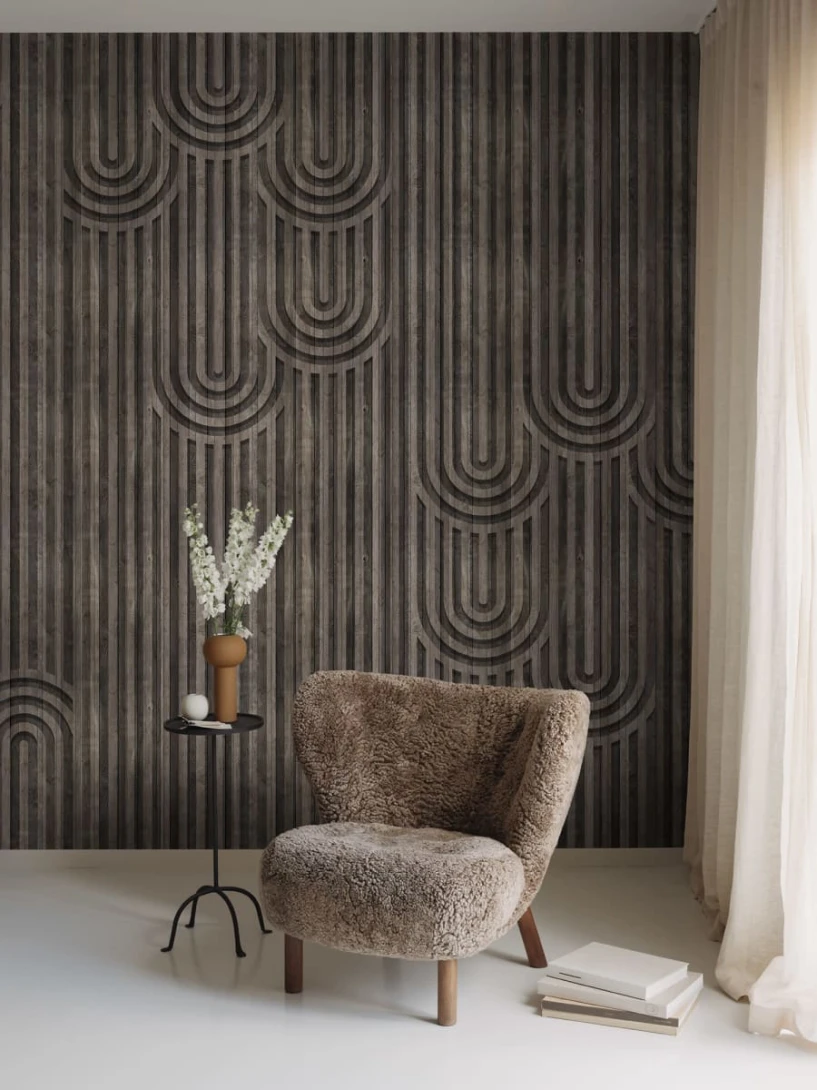 Rebel Walls R18781 Natural Aesthetic Happy Hills Walnut - mural w drewniane panele