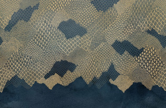 Rebel Walls R18750 Natural Aesthetic Golden Mountains Dark Blue - mural ręcznie malowany krajobraz