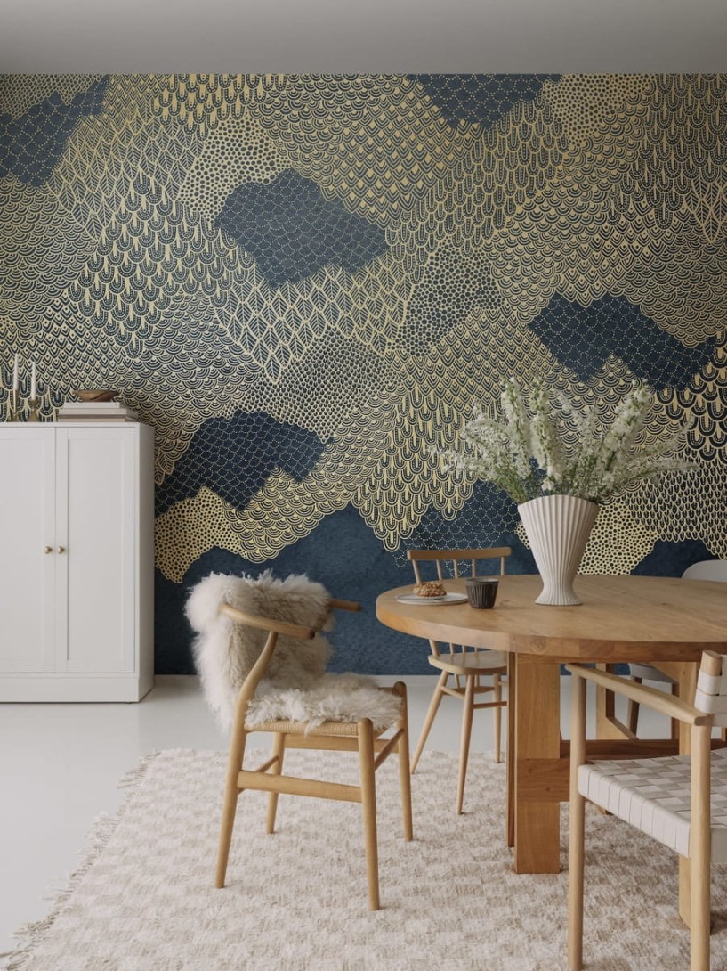 Rebel Walls R18750 Natural Aesthetic Golden Mountains Dark Blue - mural ręcznie malowany krajobraz