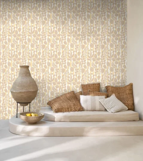 Casadeco 89827101 Echappee Belle Ramatuelle - tapeta liście na tle pasków