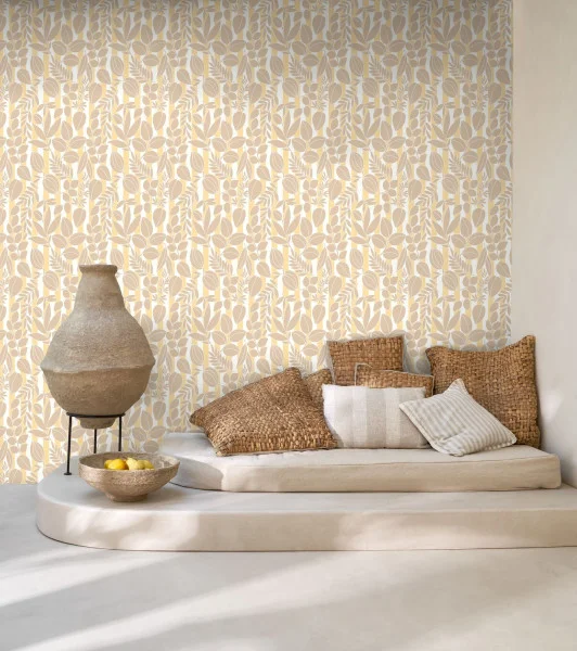 Casadeco 89823131 Echappee Belle Ramatuelle - tapeta liście na tle pasków