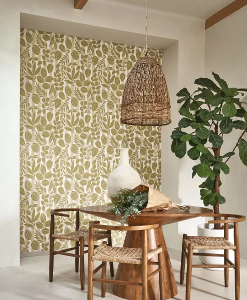 Casadeco 89823131 Echappee Belle Ramatuelle - tapeta liście na tle pasków