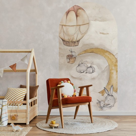 Wall Art Moonie Beige - mural łuk dla dzieci w króliczki i obłoki