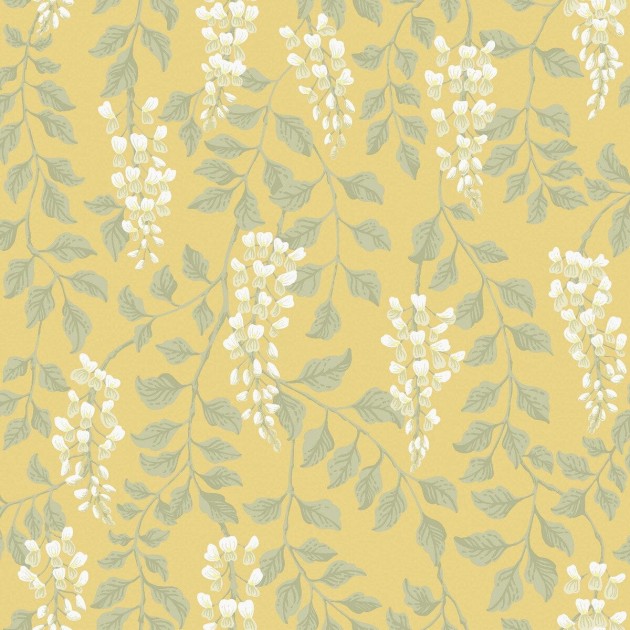 Boras Tapeter 5709 Orangeri Blaregn Yellow - tapeta w liście i kwiaty glicynii