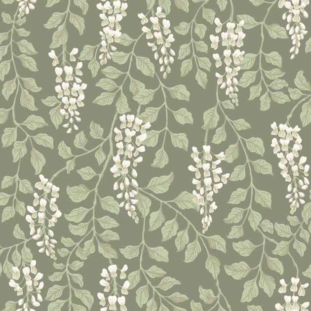Boras Tapeter 5710 Orangeri Blaregn Green - tapeta w liście i kwiaty glicynii