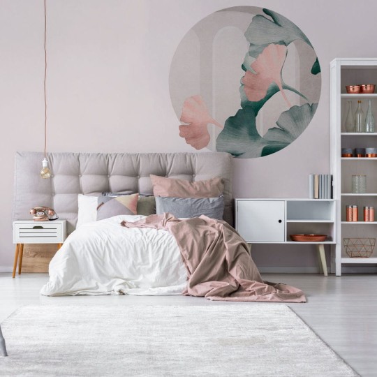 Wall Art Ginko Leaves Beige WMF019 - mural koło w miłorząb z architektonicznym akcentem